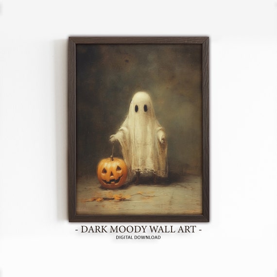 Cute Ghost With Pumpkin, Dark Halloween Art Print