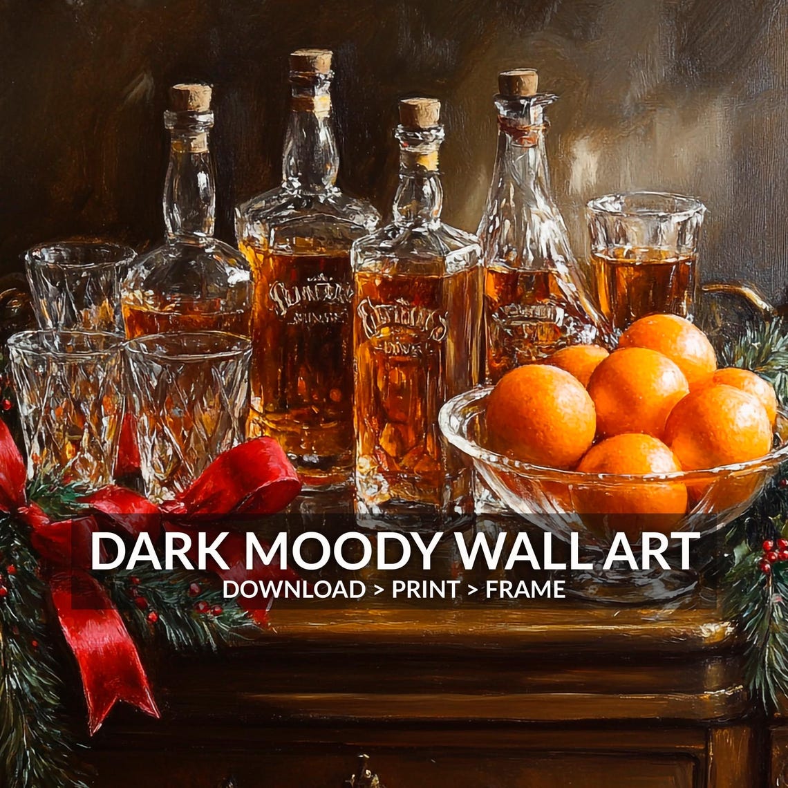 Whiskey Decanters With Oranges and Red Ribbon Holiday Wall Art - Image 6
