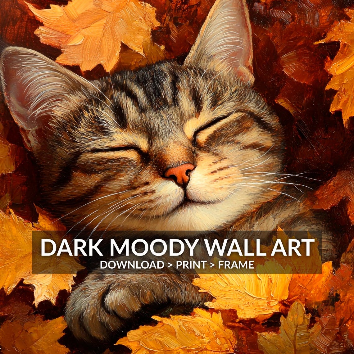 Sleepy Tabby Cat Autumn Maple Leaves Cozy Moody Portrait Poster - Image 2