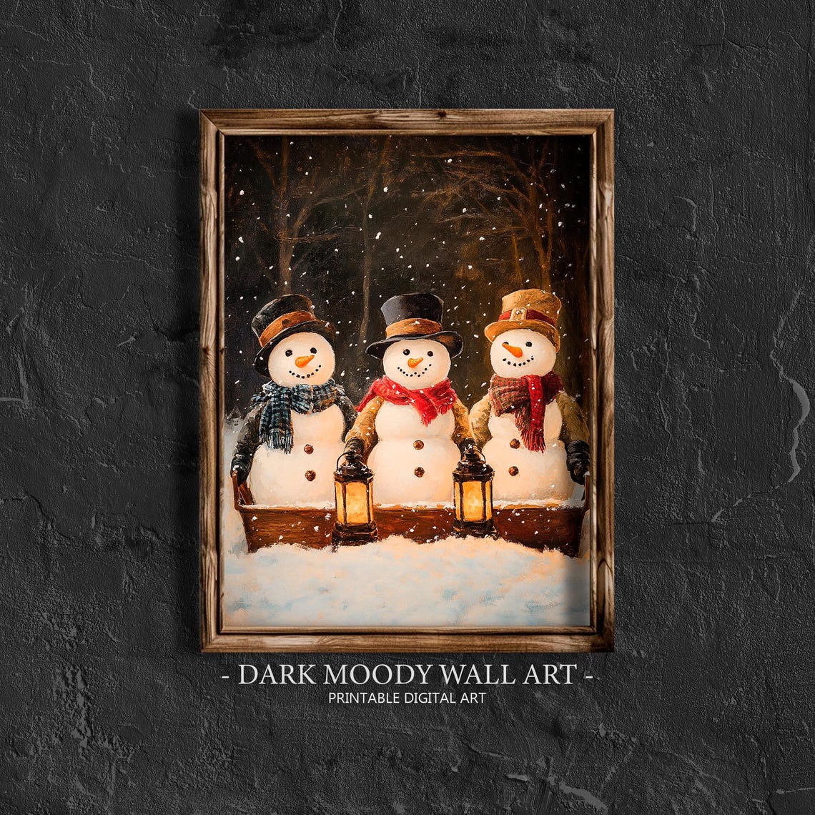 Three Snowmen Night Lanterns Snowfall Vintage Christmas Poster