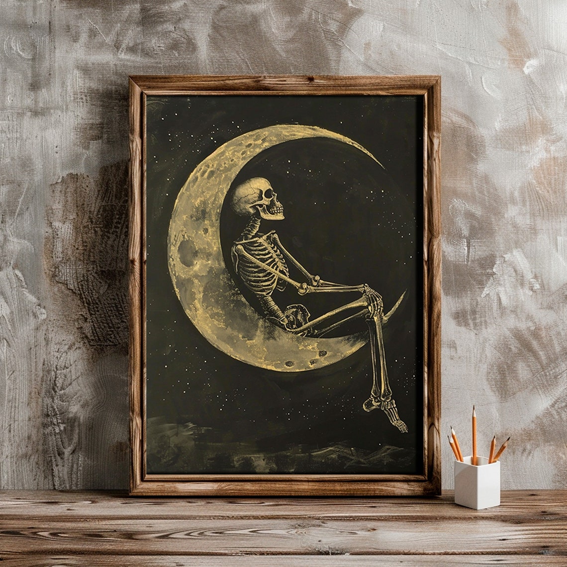 Skeleton Sitting Crescent Moon Gold Night Sky Halloween Art Poster - Image 4