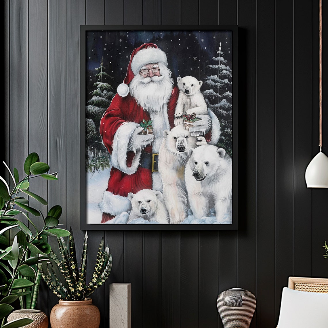 Santa Claus Polar Bear Cubs Snowy Forest Christmas Painting Poster - Image 4