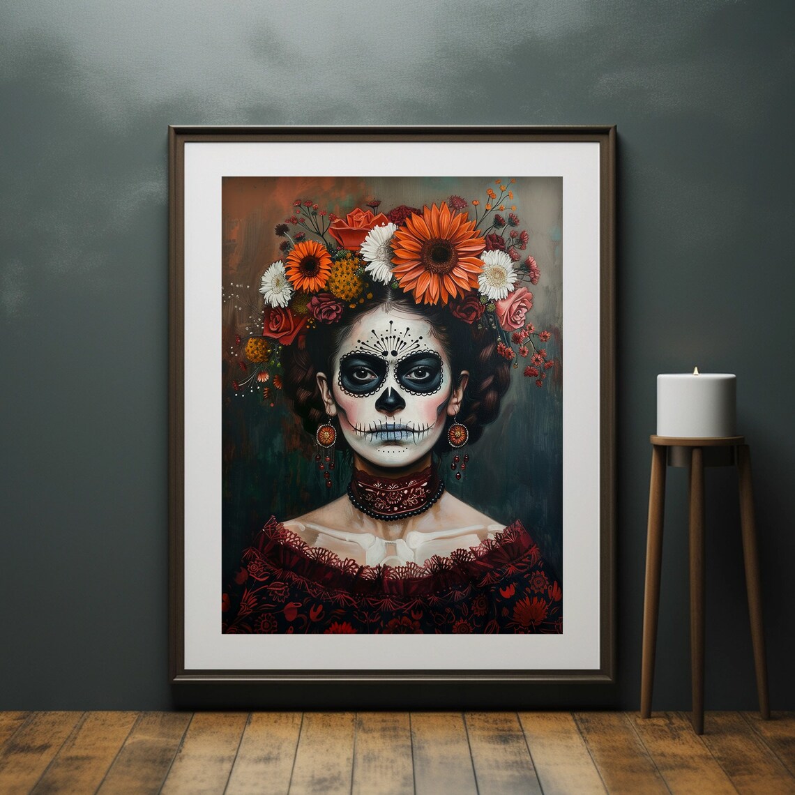 Calavera Woman Orange Flower Crown Day of the Dead Portrait Poster - Image 6
