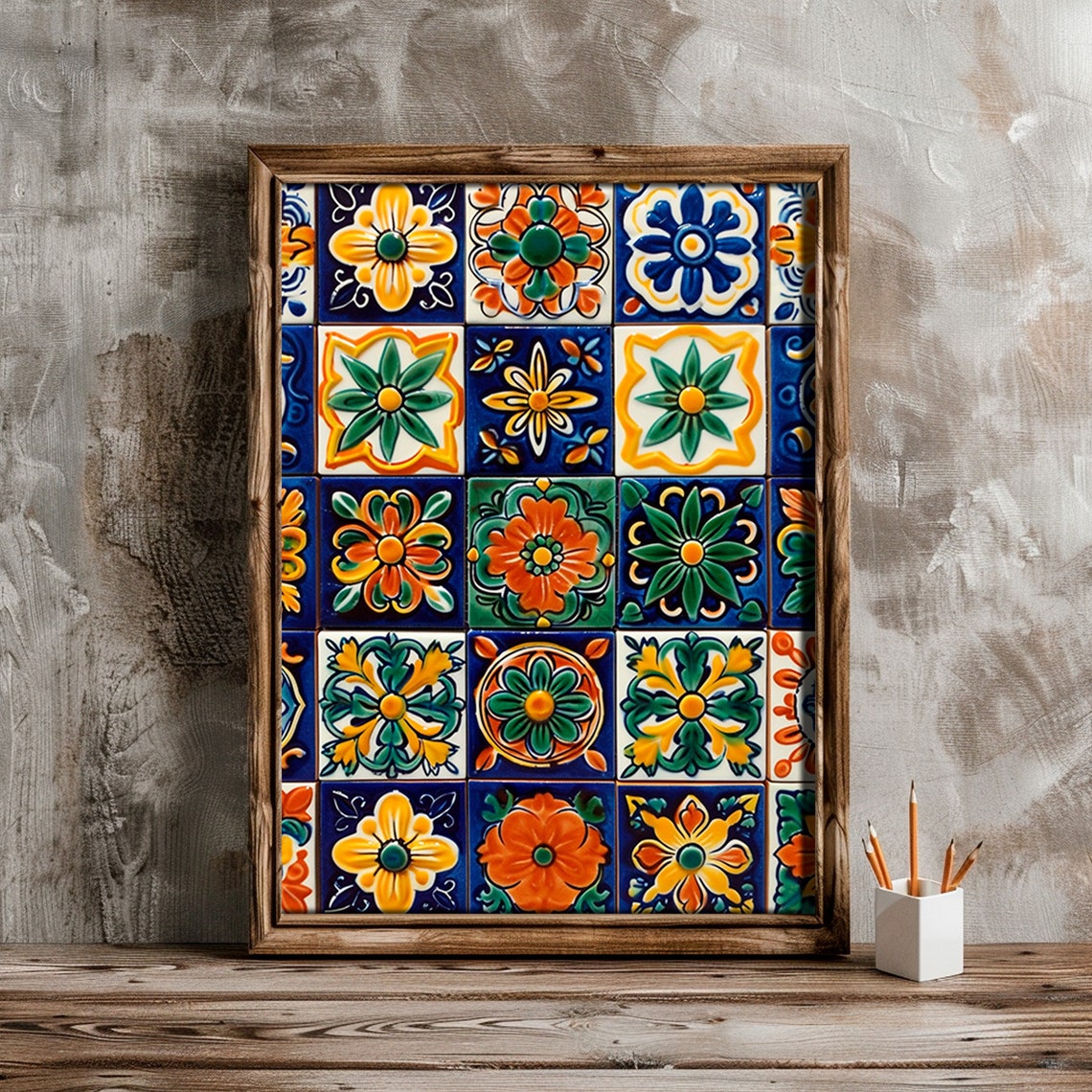 Mexican Talavera Tile Grid Colorful Floral Pattern Art Print - Image 4