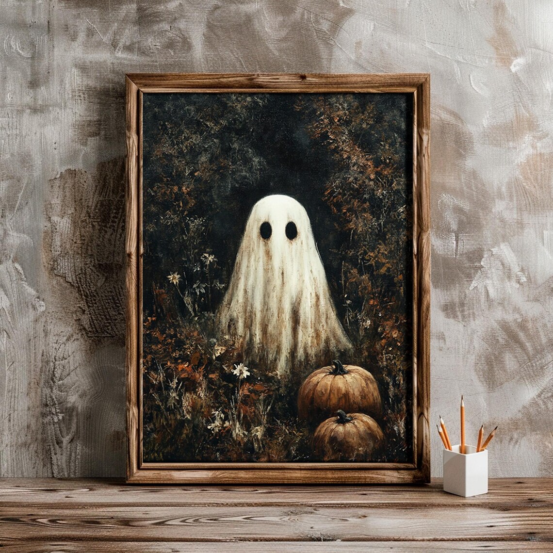 Moody Ghost With Pumpkin Halloween Art Print - Image 6