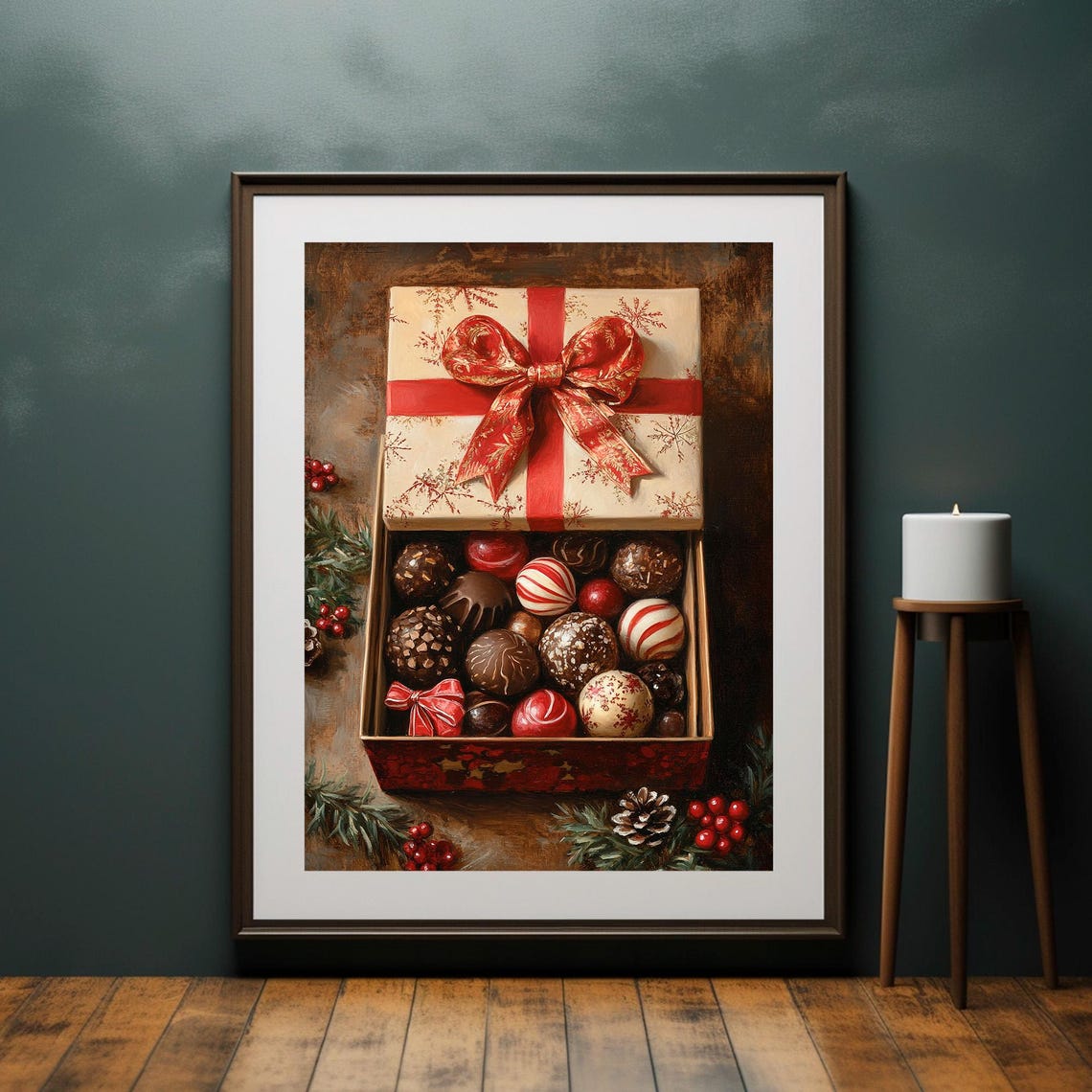 Christmas Chocolate Truffle Gift Box Pine Berries Still Life Poster - Image 4