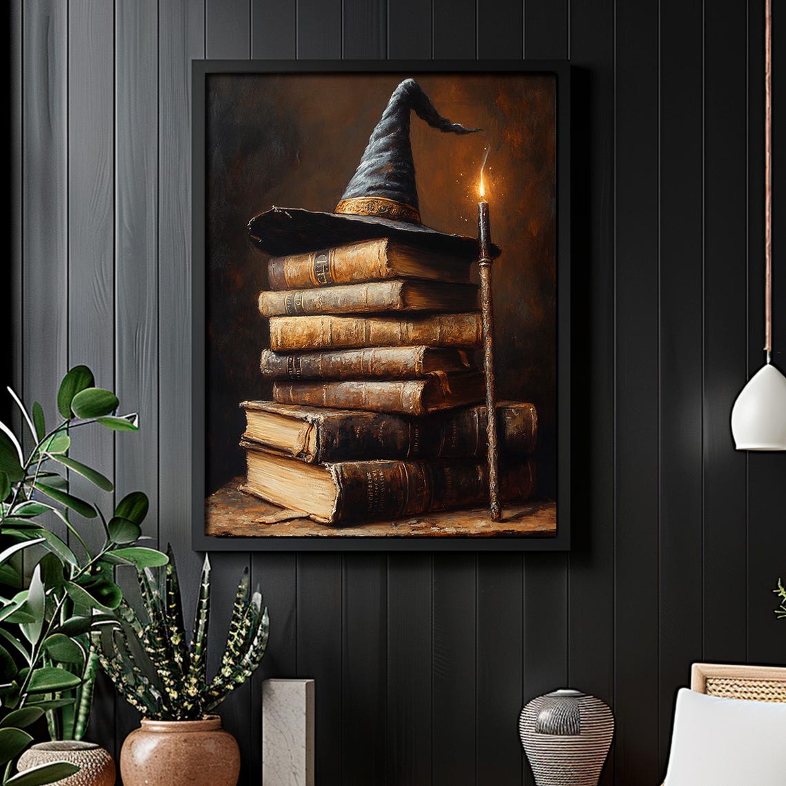 Witch Hat Stacked Books Burning Candle Wand Dark Halloween Poster - Image 2