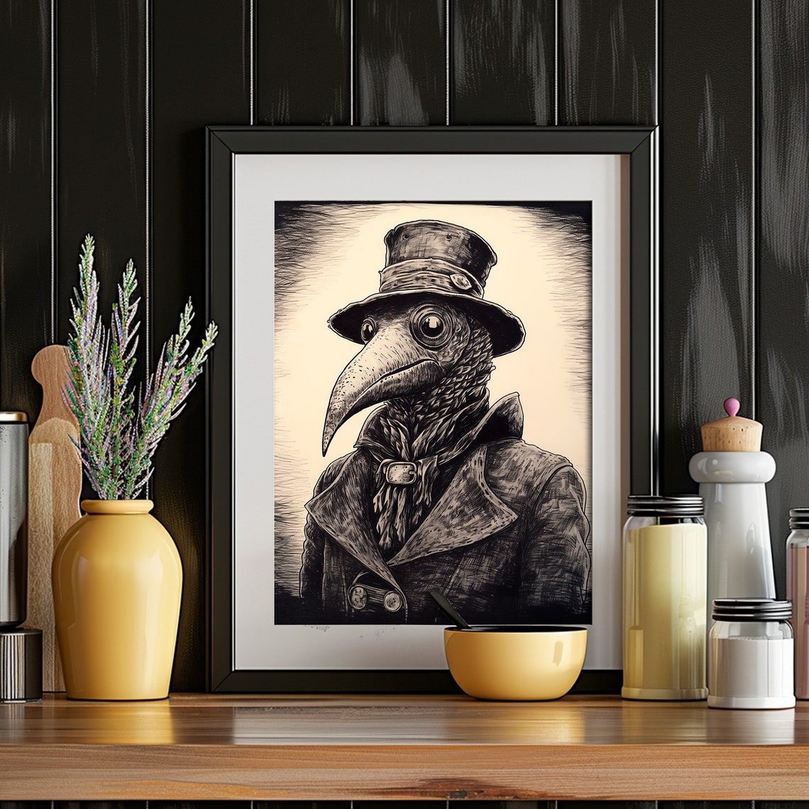 Plague Doctor Beaked Mask Top Hat Monochrome Ink Drawing Poster - Image 4