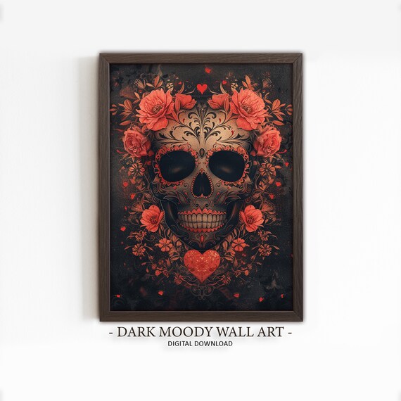 Floral Sugar Skull Dia De Los Muertos Dark Gothic Painting Poster
