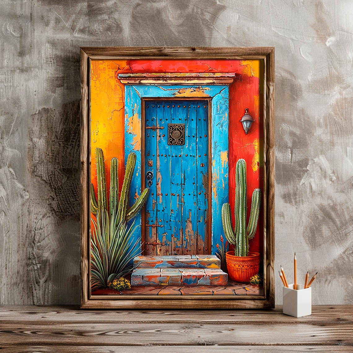 Blue Wooden Door Orange Wall Cactus Garden Mexican Art Print - Image 5