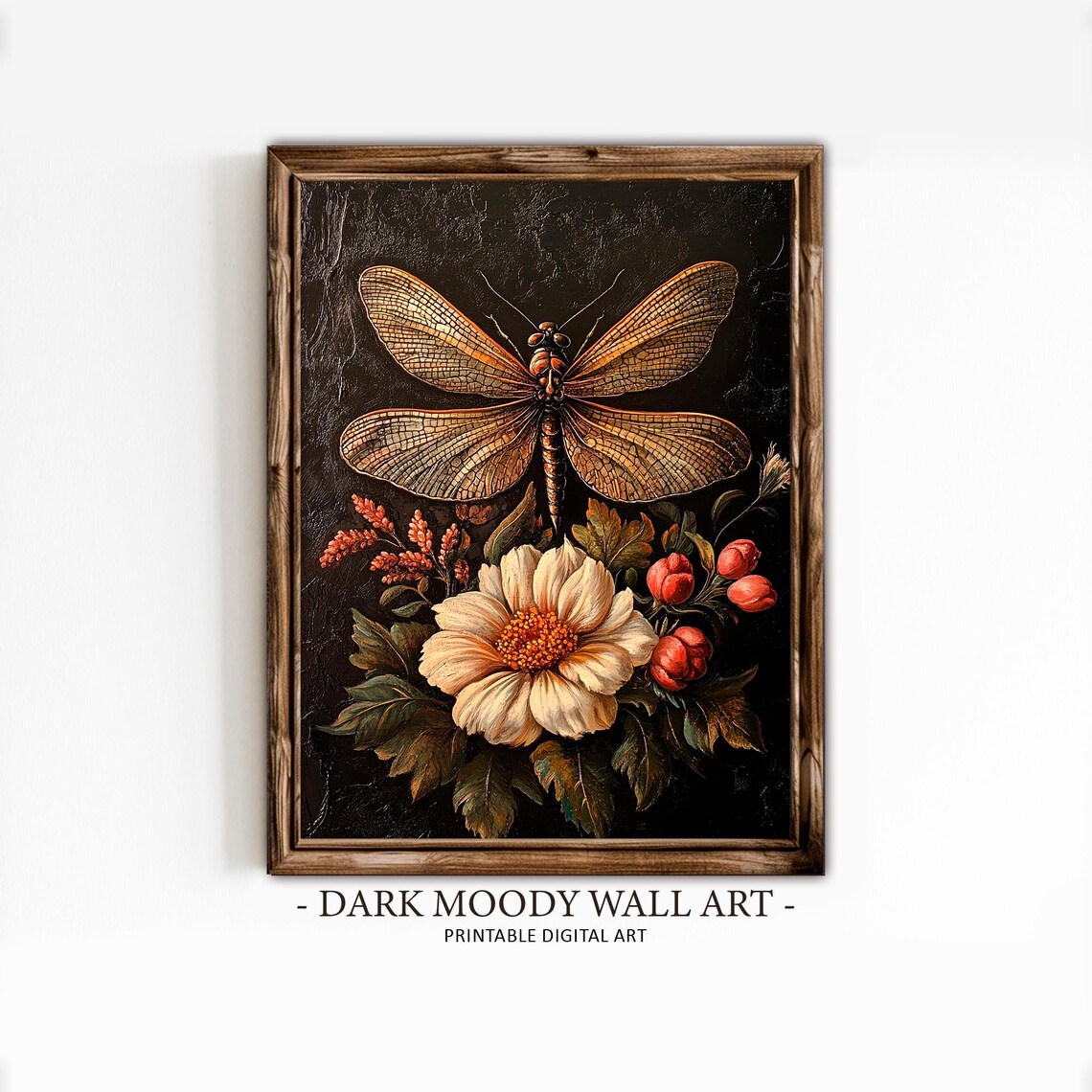 Golden Dragonfly Cream Dahlia Dark Botanical Vintage Floral Still Life Poster - Image 2