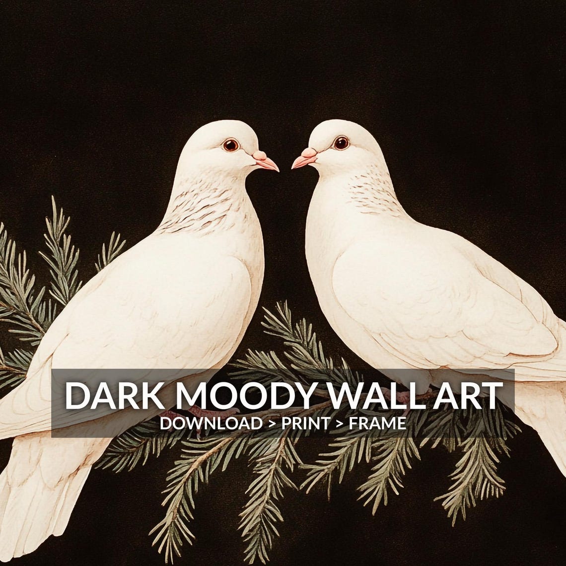 Two White Doves Christmas Winter Birds On Evergreen Branch Wall Art - Image 6