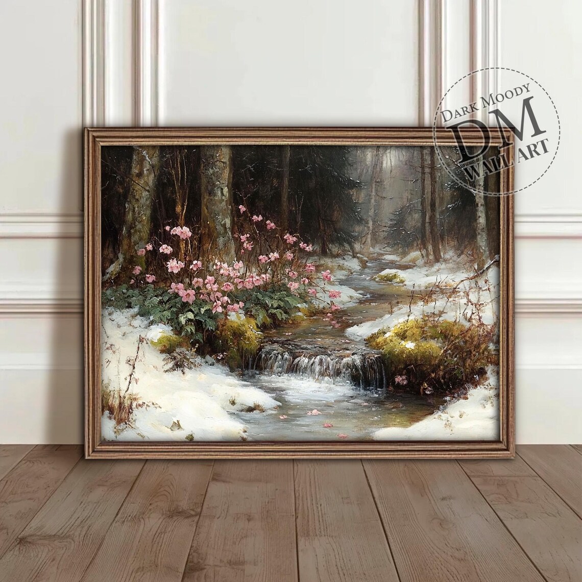 Winter Forest Wall Art Print, Rustic Snowy Stream