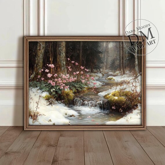 Winter Forest Wall Art Print, Rustic Snowy Stream