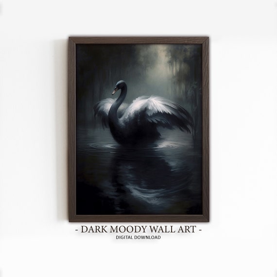 Antique Black Swan Painting Dark Moody Wall Art Vintage Bird Print Dark Academia Decor Animal Dark Oil Painting