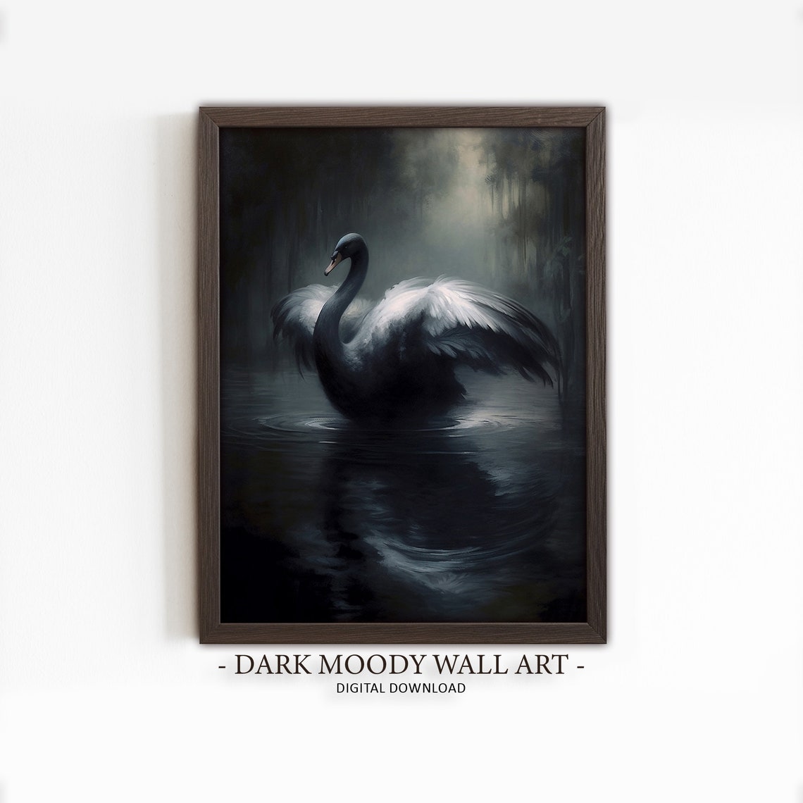 Antique Black Swan Painting Dark Moody Wall Art Vintage Bird Print Dark Academia Decor Animal Dark Oil Painting