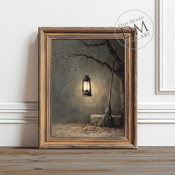 Lantern And Broom Gothic Autumn Still Life Art Print