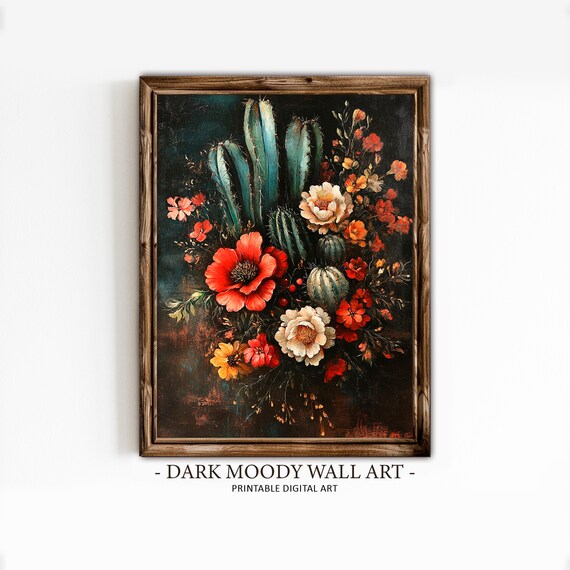 Vintage Flowers And Cactus, Gothic Floral Art Print