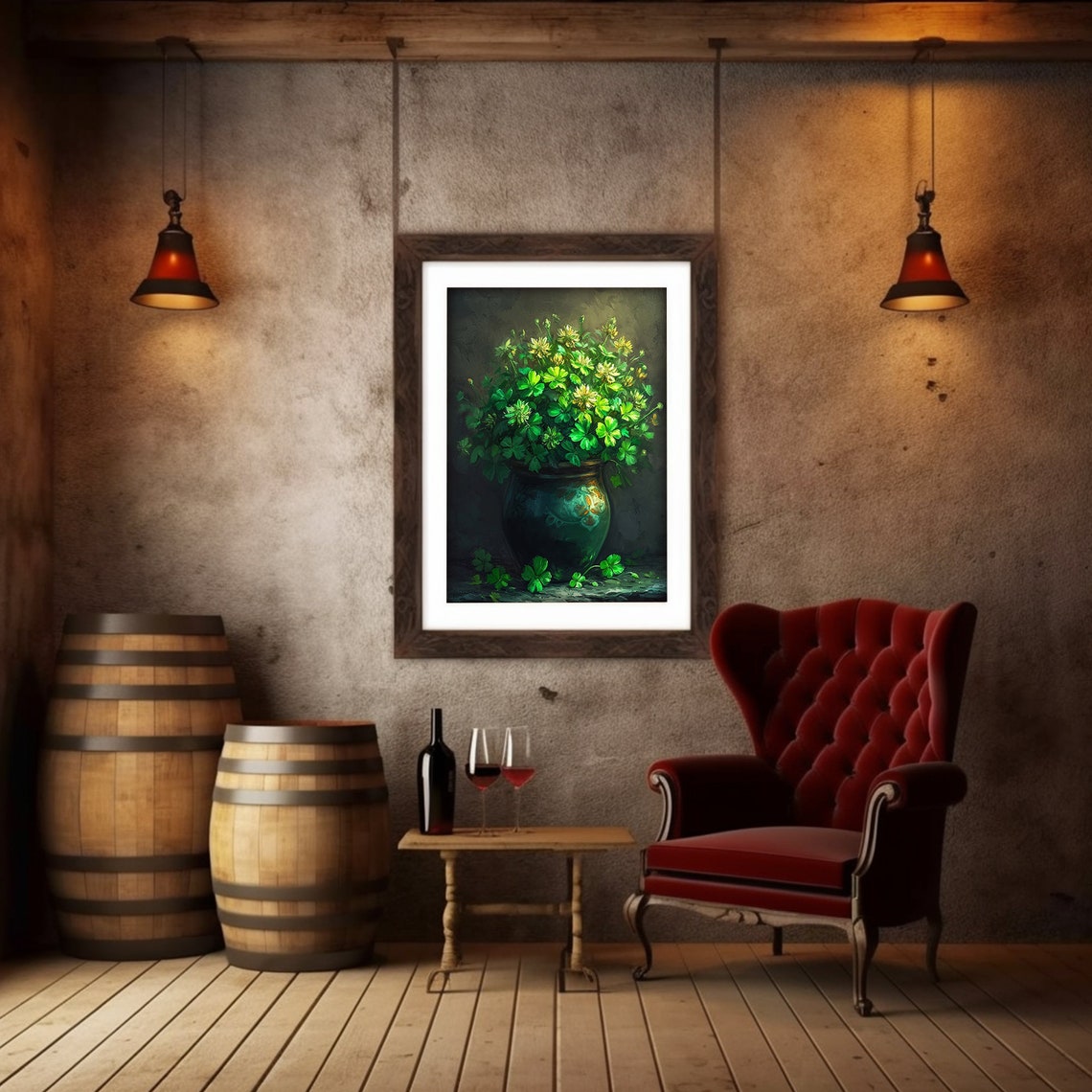 Green Shamrock Bouquet Dark Moody Botanical Still Life Wall Art - Image 6
