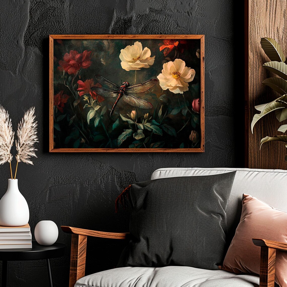 Vintage Dragonfly Resting Among Dark Garden Flowers Moody Wall Art - Image 4
