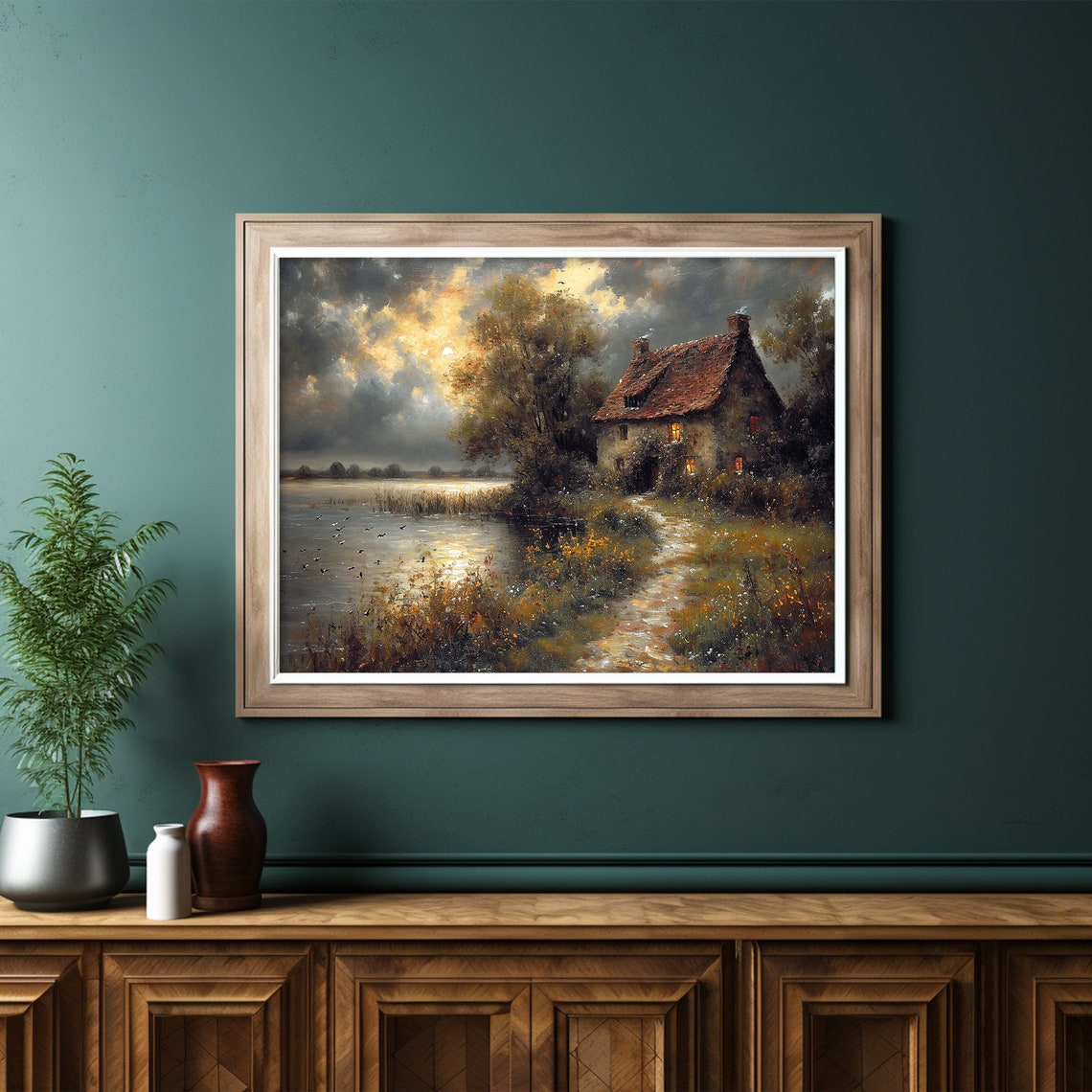 Sunset Cottage Print Moody Lake House Wall Art Dark Cottagecore Art Relaxing Rustic Wall Decor - Image 6
