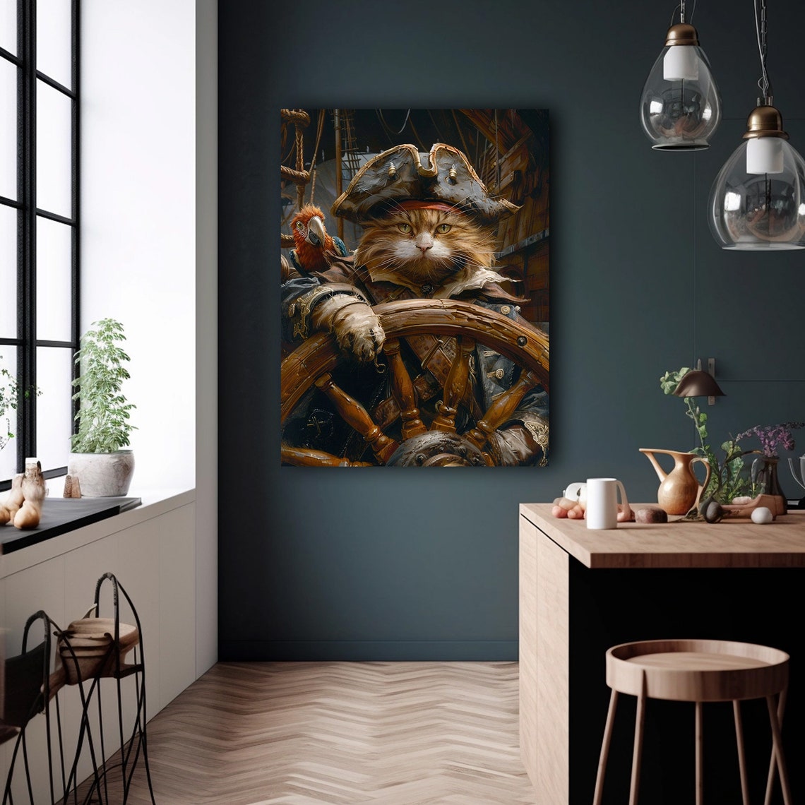 Cat Pirate Captain With Parrot Ship Wheel Fun Nautical Art Poster - Image 5