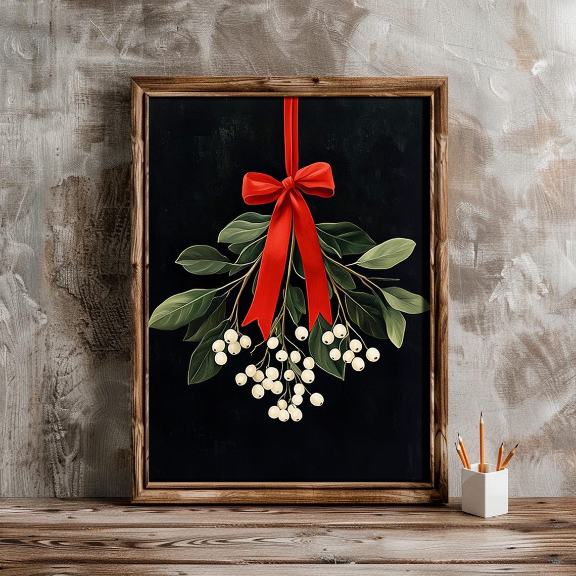 Mistletoe With Red Ribbon Bow Vintage Christmas Botanical Wall Art - Image 5