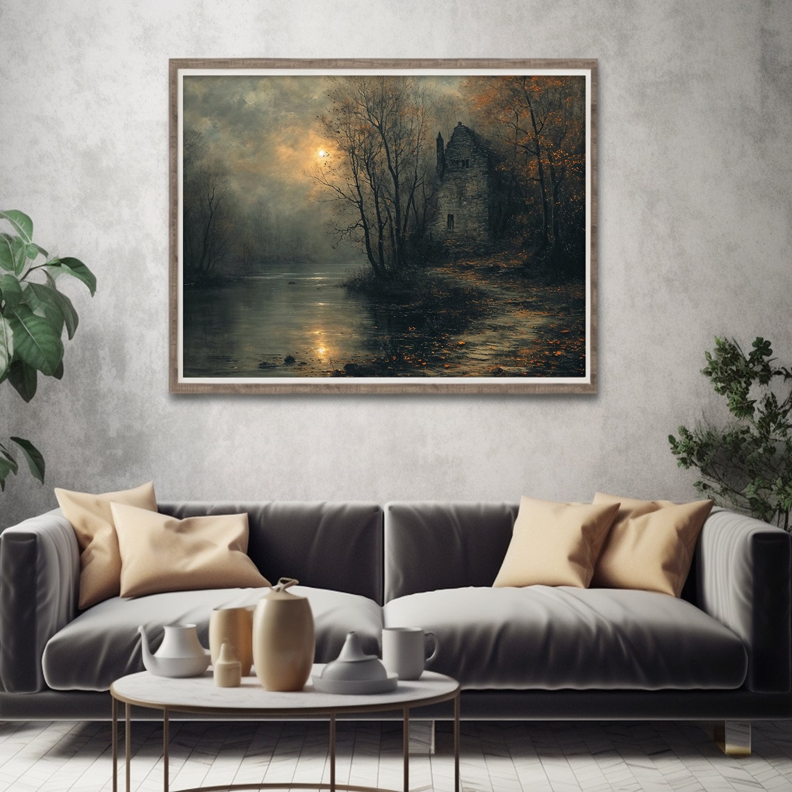 Moonlit Irish Stone Cottage Riverbank Misty Twilight Landscape Poster - Image 4