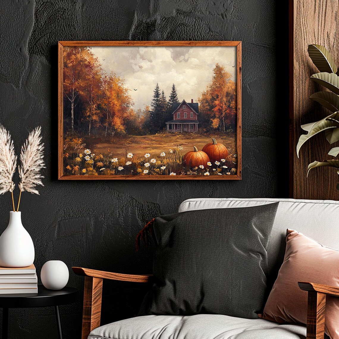 Red Farmhouse in Autumn Landscape With Pumpkins Daisies Country Fall Poster - Image 2