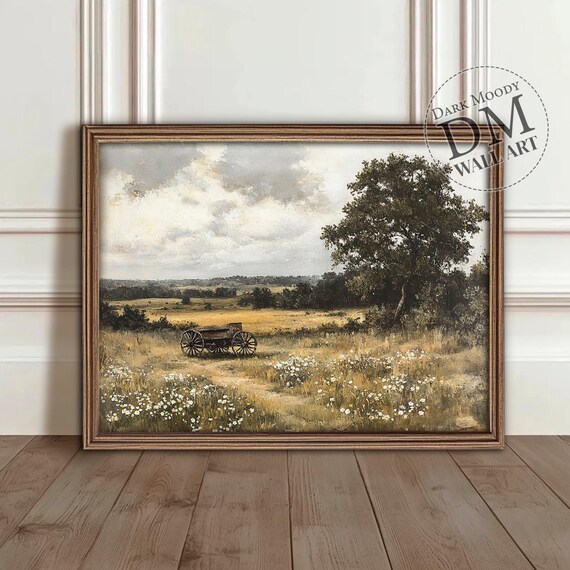 Old Wooden Wagon in Golden Daisy Field Vintage Countryside Poster