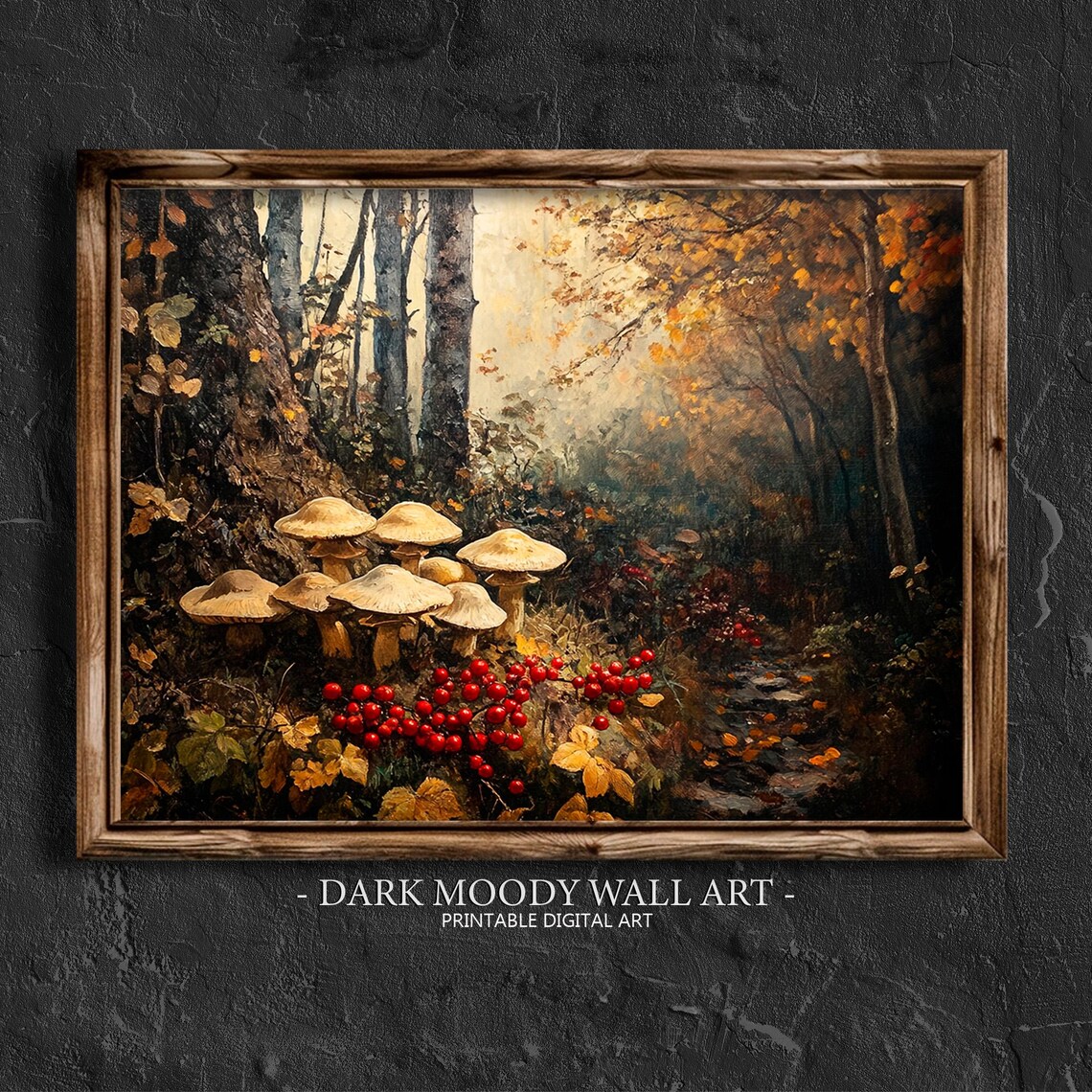 Forest Floor Mushrooms With Red Berries Along Woodland Path Vintage Poster