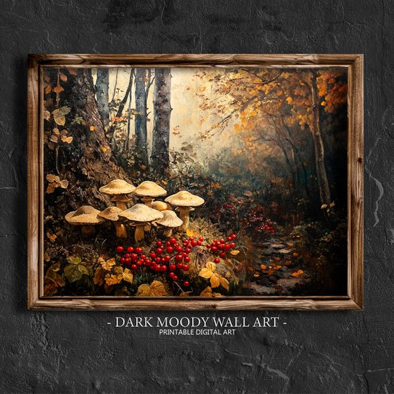 Mushroom Wall Art Fall Cottagecore Decor Autumn Forest Wall Art Dark Academia Decor Farmhouse Wall Decor Dark Moody Wall Art