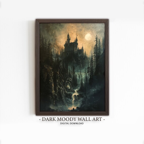 Gothic Castle Moonlight Silhouette Forest Waterfall Painting Poster