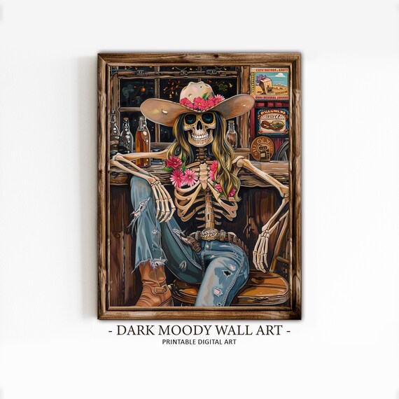 Cowgirl Skeleton Saloon Western Bar Flowers Hat Vintage Art Poster