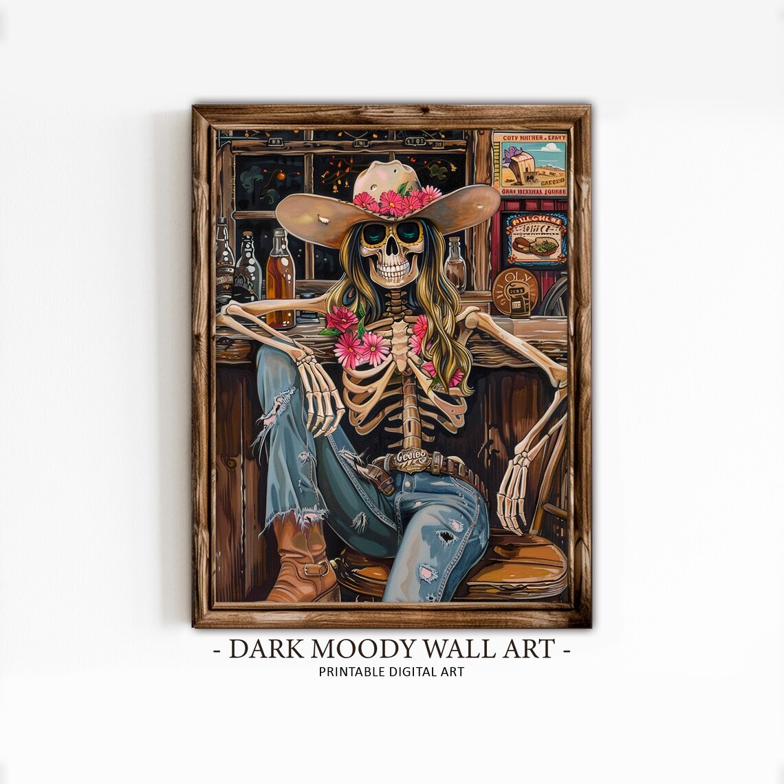 Cowgirl Skeleton Saloon Western Bar Flowers Hat Vintage Art Poster