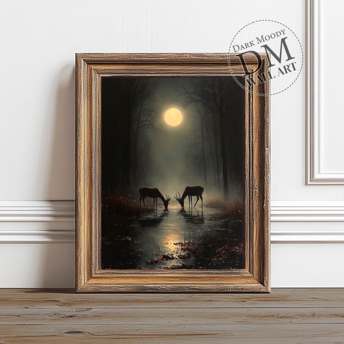 Deer Moonlight Art Print, Moody Forest Wildlife