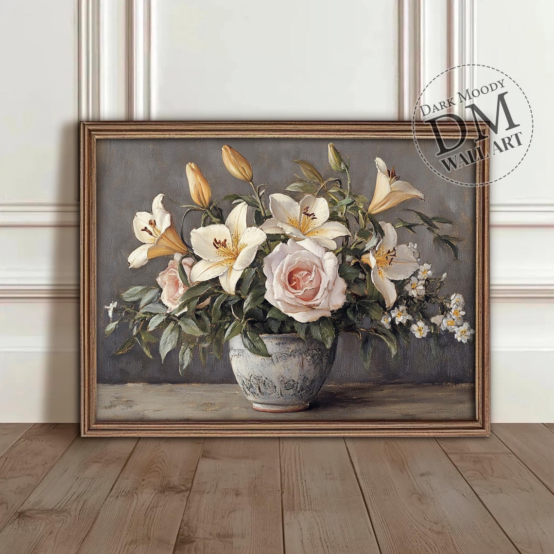 White Roses and Lilies Moody Vintage Bouquet Oil Painting Print