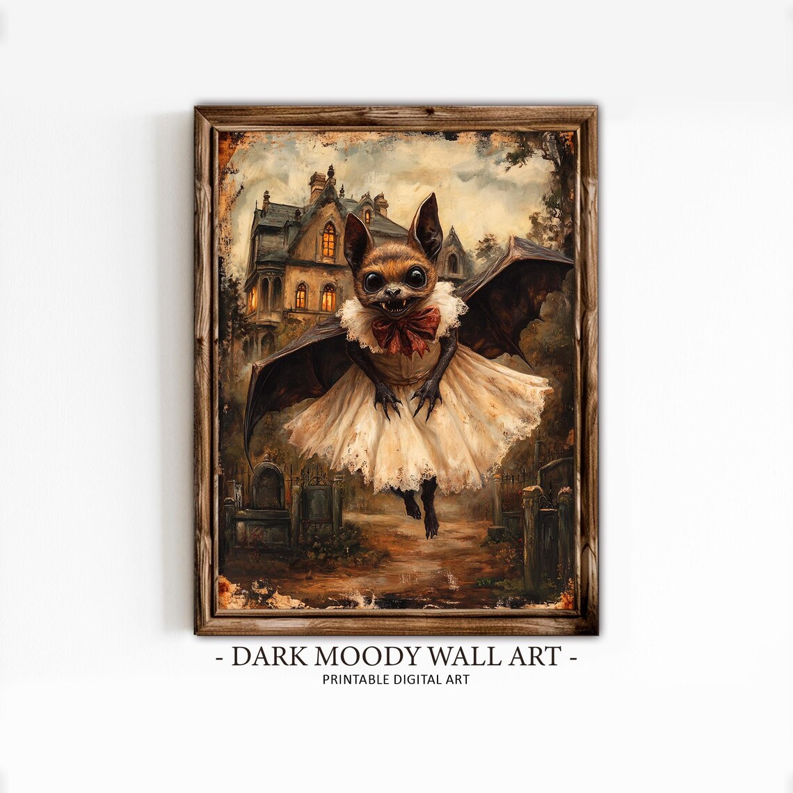 Whimsical Bat in White Dress With Red Bow Haunted House Halloween Poster