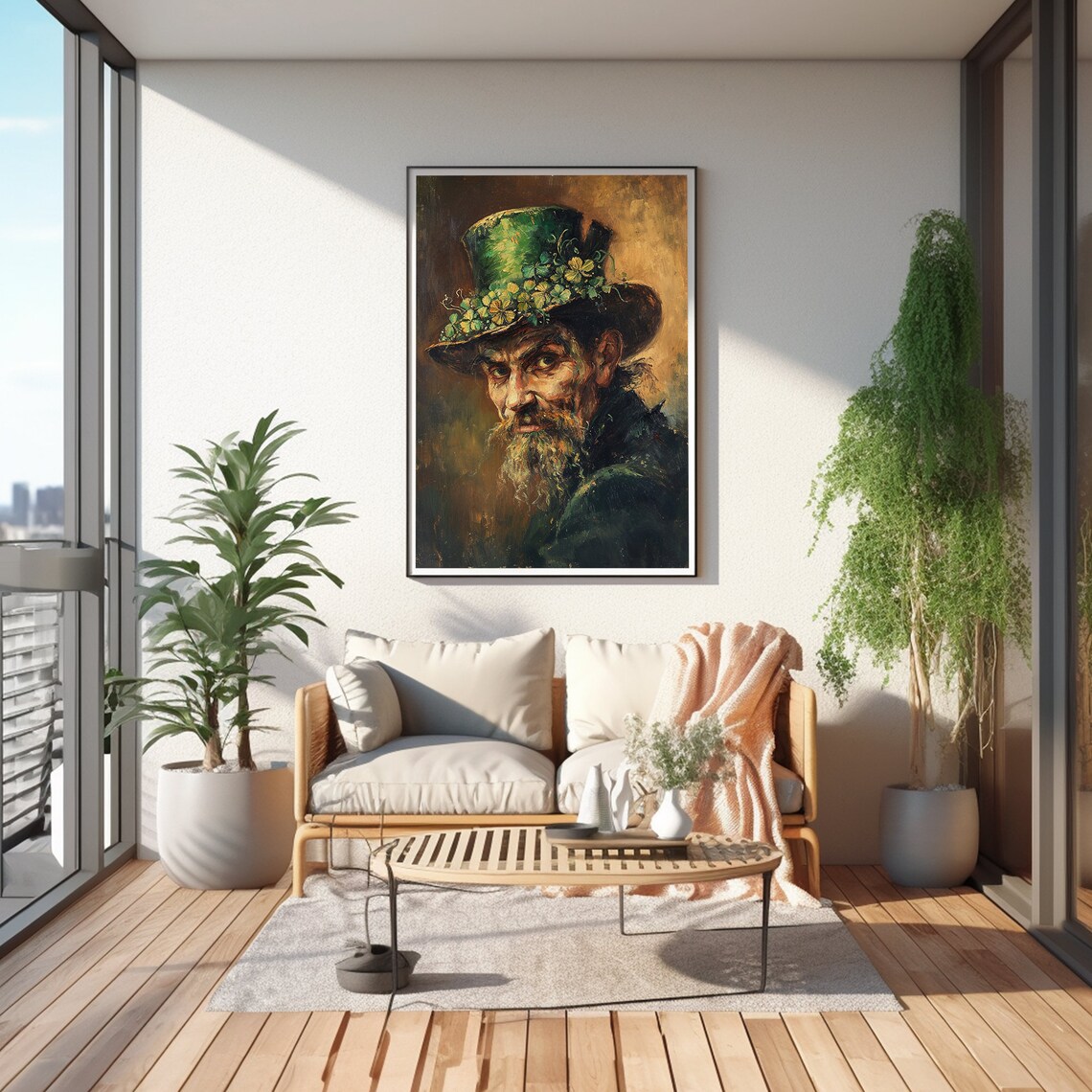 Old Irish Man Green Hat Shamrock Portrait Oil Painting Poster - Image 6
