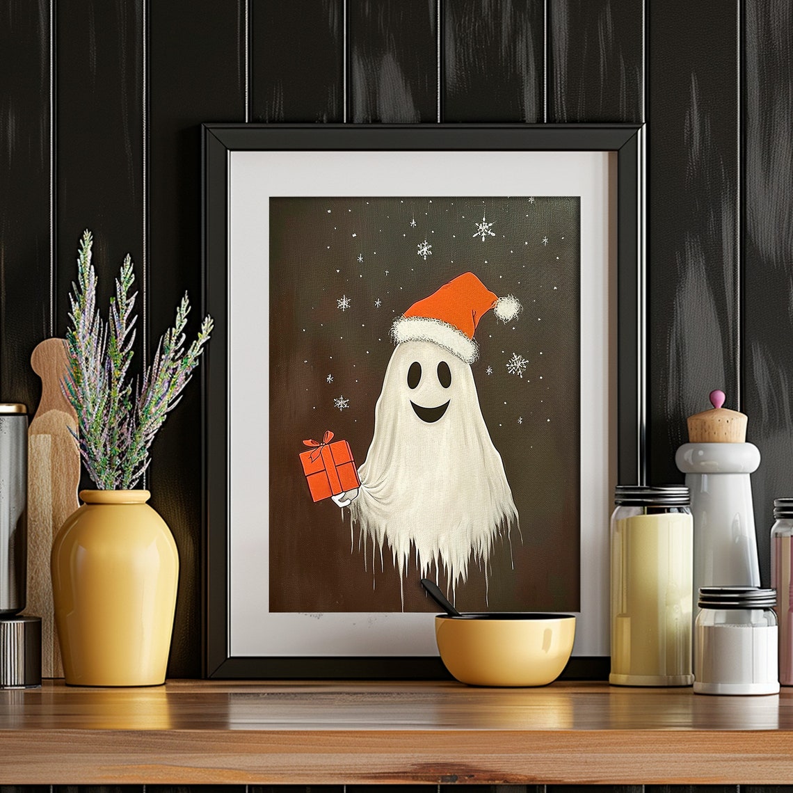 Christmas Ghost Santa Hat Gift Cute Holiday Painting Snowflakes Poster - Image 5