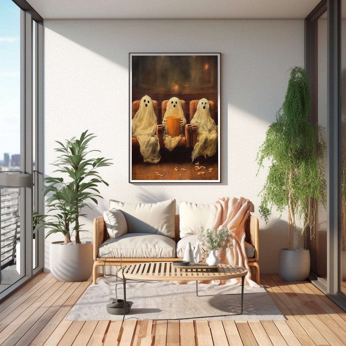 Cute Ghost Print Moody Haunted Halloween Art Gothic Ghosts Watching Movie Painting Decor - Image 4