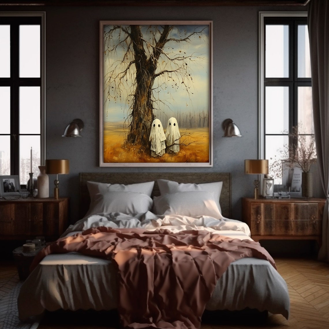 Cute Ghost Print Moody Haunted Halloween Art Gothic Ghost Couple Under Tree Painting Decor - Image 5
