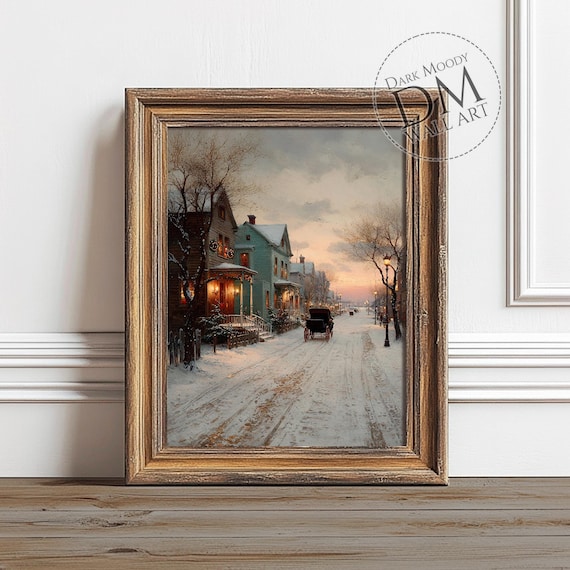 Victorian Christmas Street Horse Carriage Snowy Evening Vintage Poster