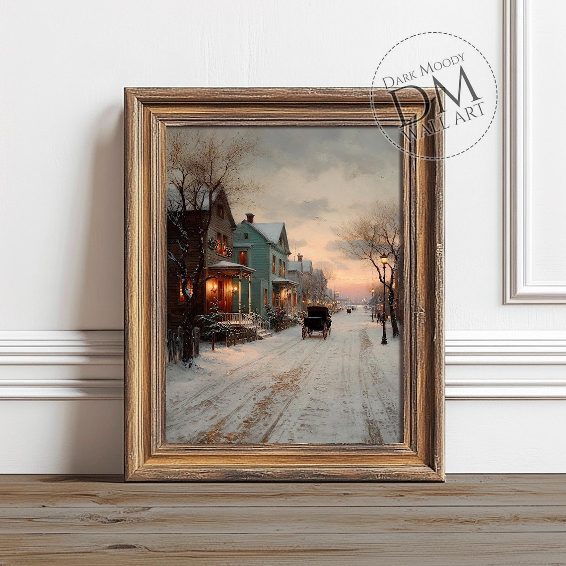 Victorian Christmas Street Horse Carriage Snowy Evening Vintage Poster