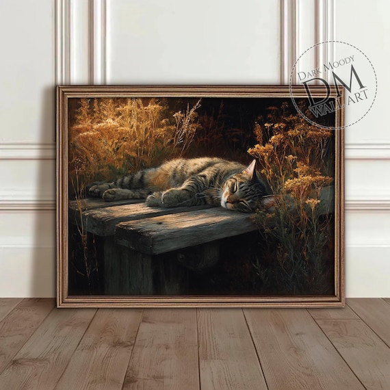 Sleeping Cat Art Print, Rustic Autumn Farmhouse