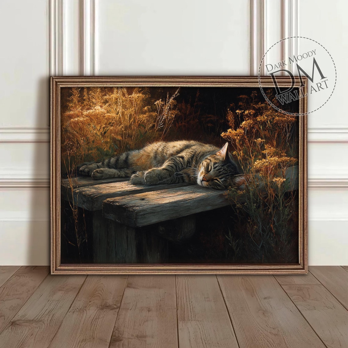 Sleeping Cat Art Print, Rustic Autumn Farmhouse