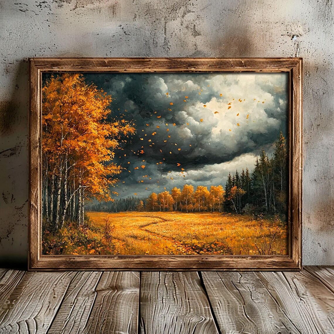 Golden Birch Forest Wind Storm Clouds Swirling Leaves Moody Landscape Poster - Image 4