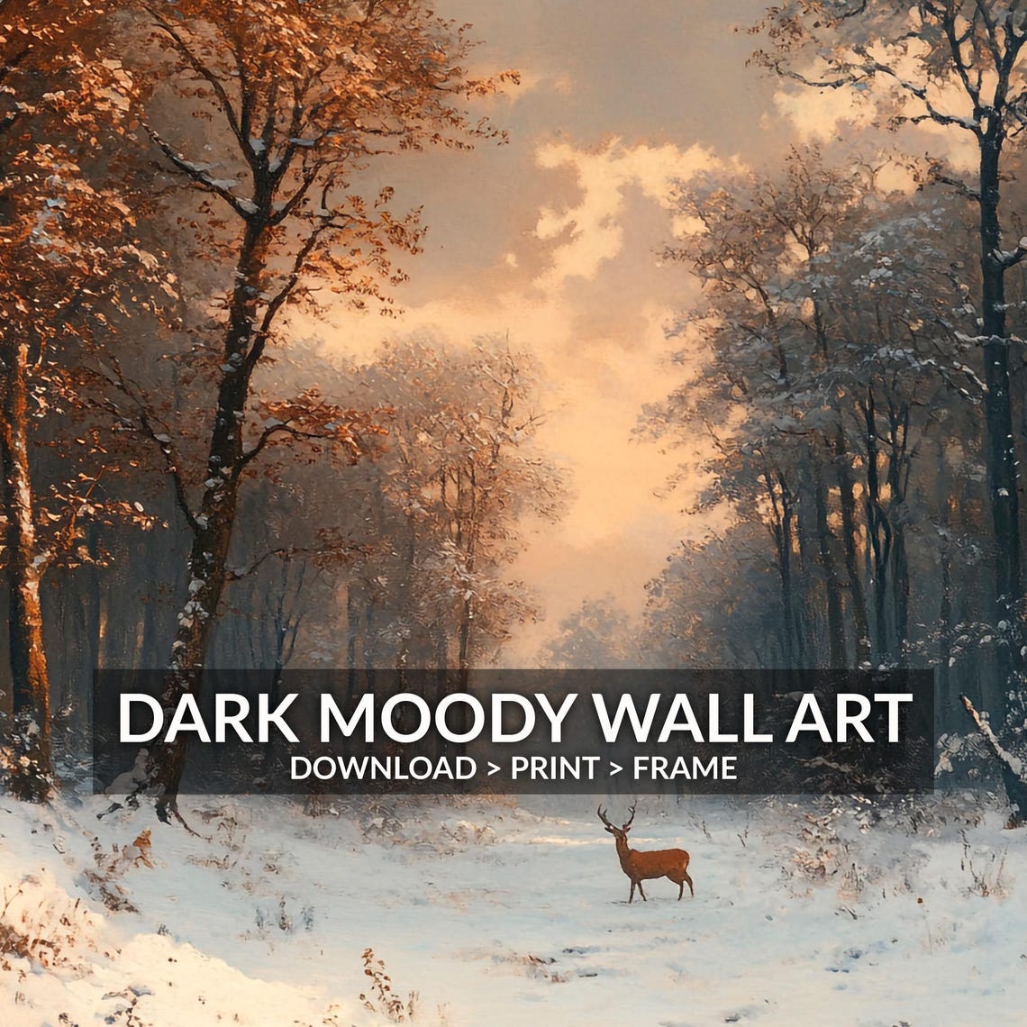 Lone Deer In Snowy Forest Clearing At Golden Dusk Winter Wall Art - Image 6