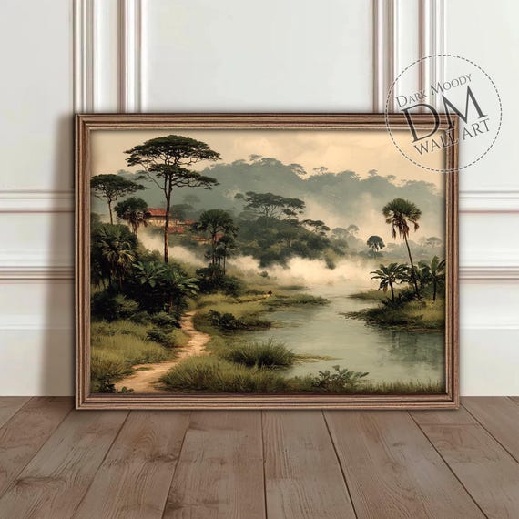 Foggy Jungle River Landscape, Tropical Nature Print