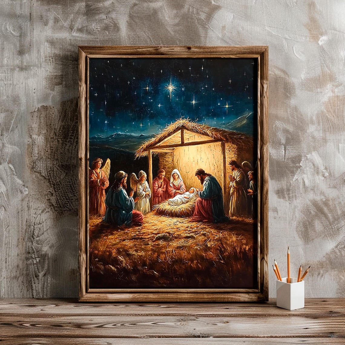 Nativity Scene Holy Family In Stable Under Starry Night Sky Wall Art - Image 5